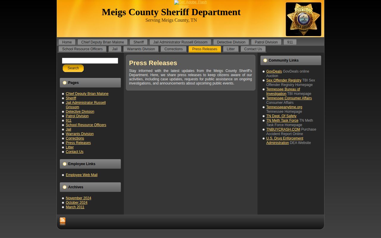 Meigs County Sheriff press release archive used for police blotter research