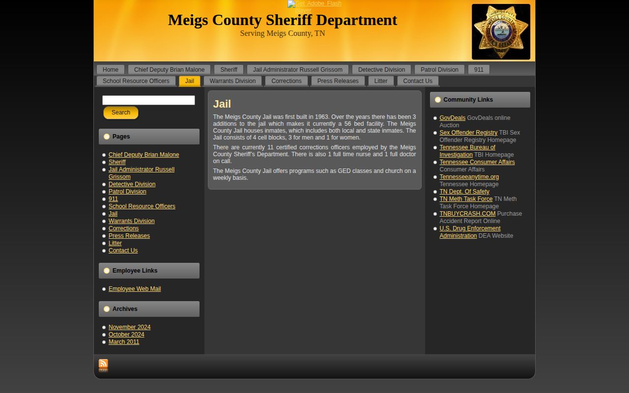 Meigs County Jail page without a public recent arrest roster