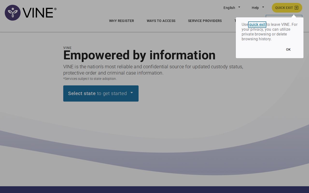 VINELink notification registration screen for Meigs County custody alerts