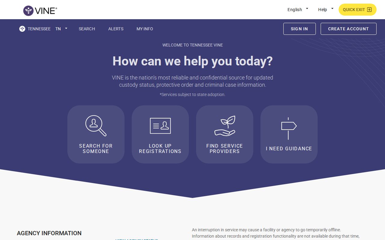 Tennessee VINELink search screen for Meigs County custody records