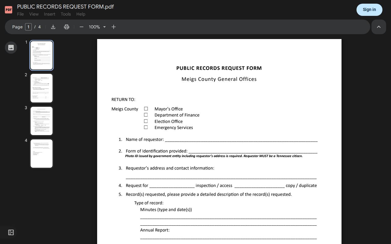 Meigs County public records form for arrest records
